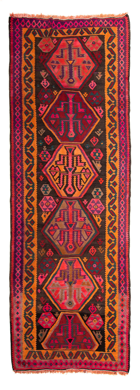 Løber Kelim-tæppe - gammelt - 375 x 142 cm - flerfarvet