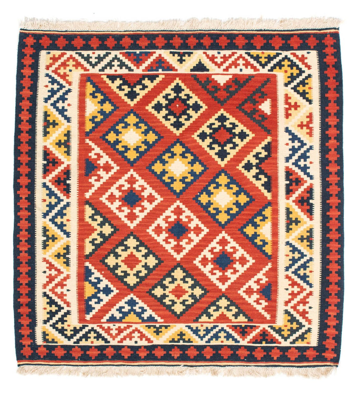 Kelim-tæppe - orientalsk firkantet  - 103 x 102 cm - mørkerød