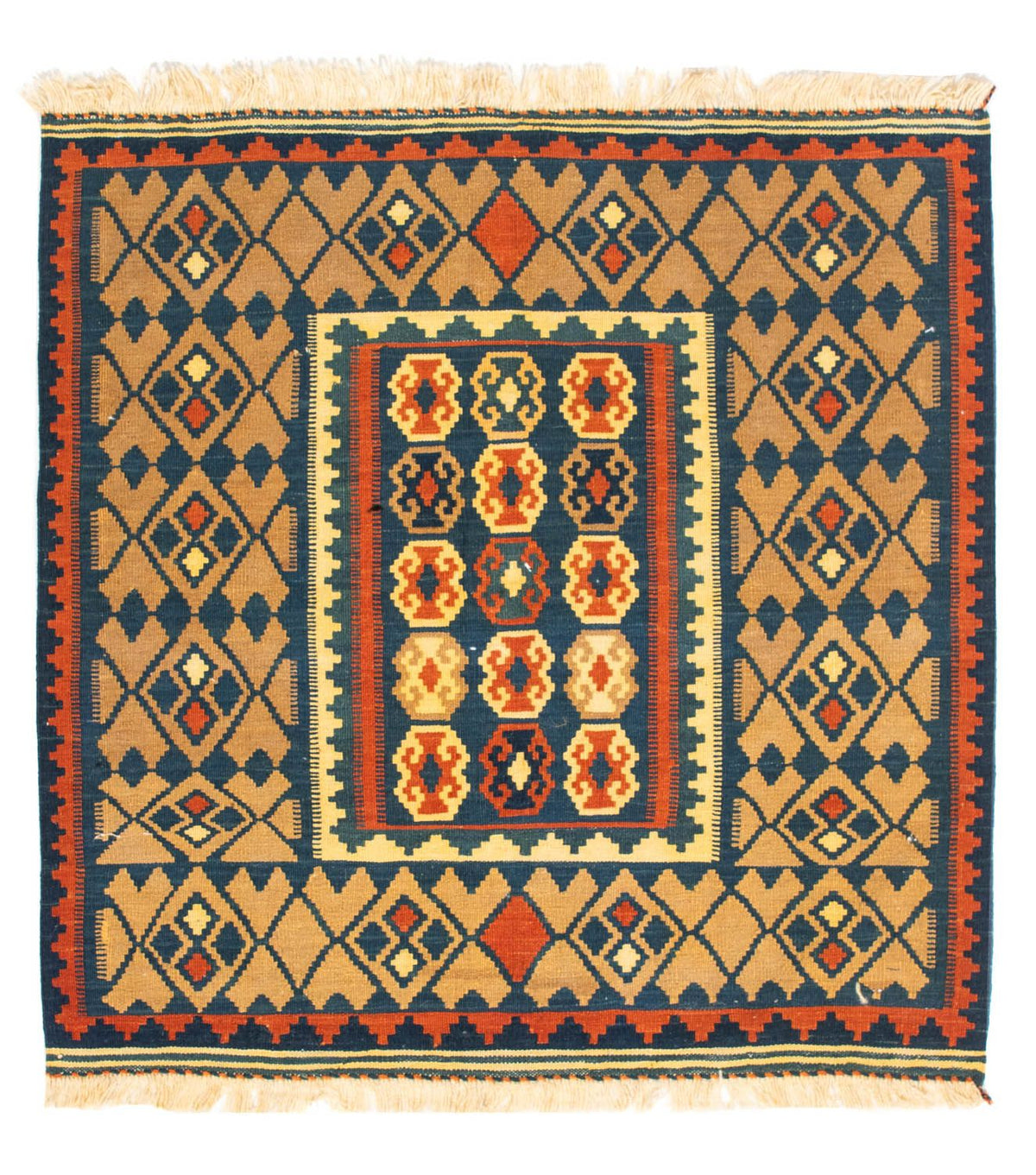 Kelim-tæppe - orientalsk firkantet - 100 x 98 cm - mørkeblå