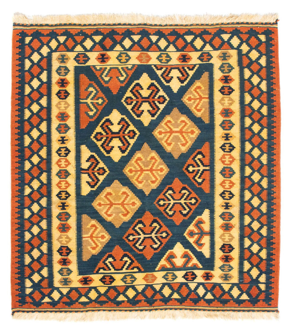 Kelim-tæppe - orientalsk firkantet - 104 x 100 cm - mørkeblå