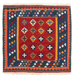 Kelim-tæppe - orientalsk firkantet  - 104 x 101 cm - mørkerød