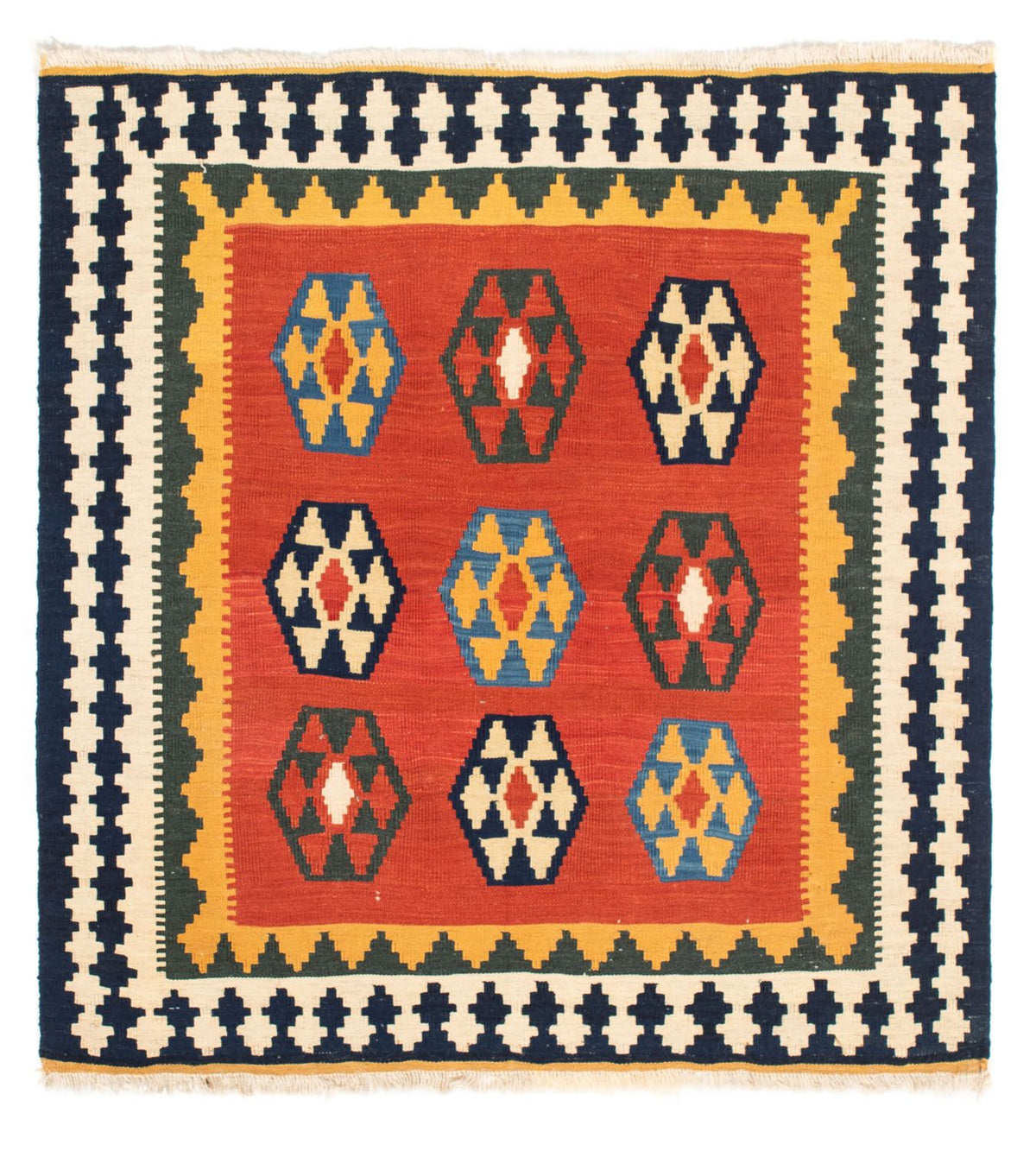 Kelim-tæppe - orientalsk firkantet  - 105 x 100 cm - mørkerød