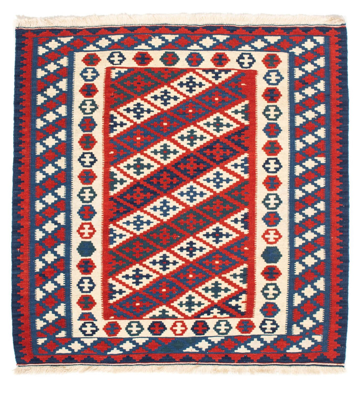 Kelim-tæppe - orientalsk firkantet  - 102 x 102 cm - mørkerød
