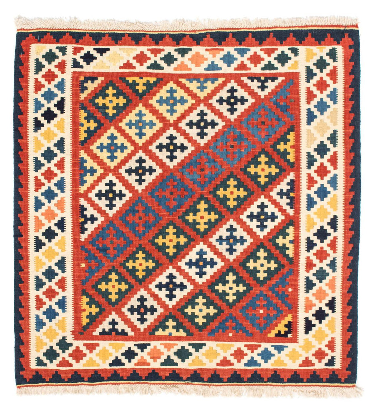 Kelim-tæppe - orientalsk firkantet - 106 x 102 cm - mørkerød