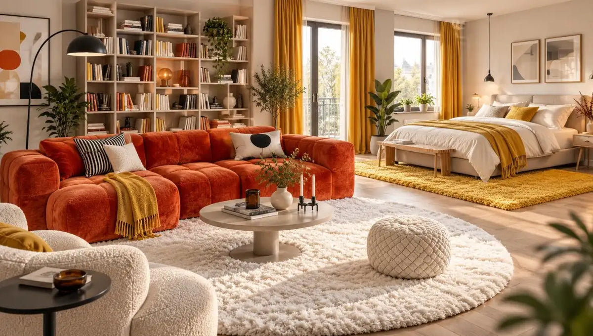 Wollteppich im Wohnzimmer und Schlafzimmer: Weiche, warme Wollteppiche in einem offenen Wohnraum mit gemütlicher Sofaecke und Schlafbereich