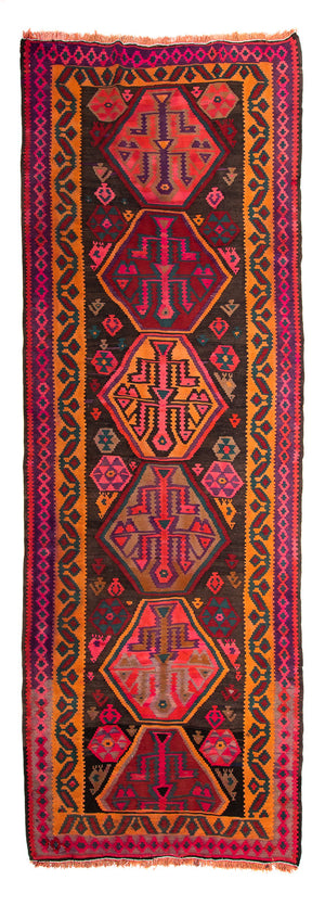 Løber Kelim-tæppe - gammelt - 375 x 142 cm - flerfarvet