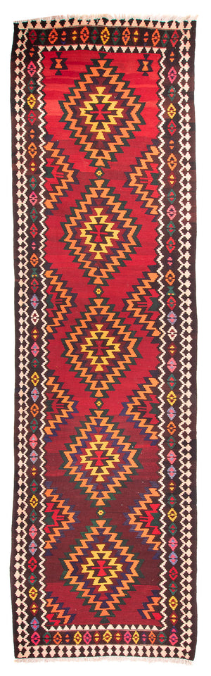 Løber Kelim-tæppe - gammelt - 440 x 124 cm - mørkerød