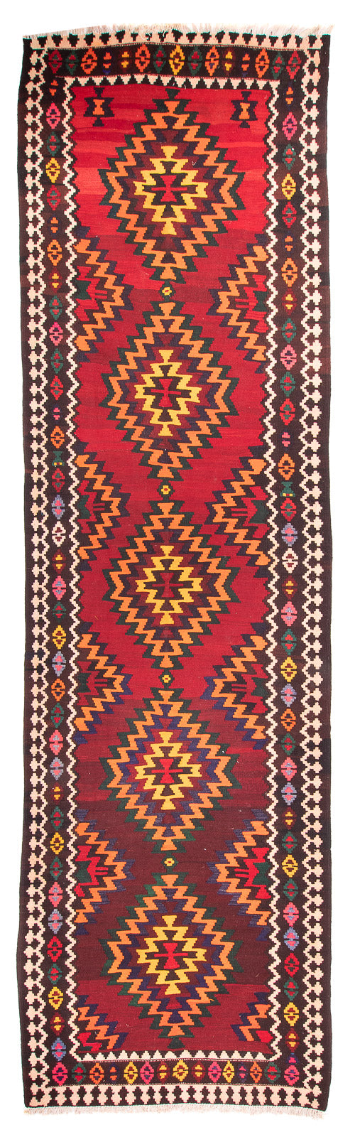 Løber Kelim-tæppe - gammelt - 440 x 124 cm - mørkerød