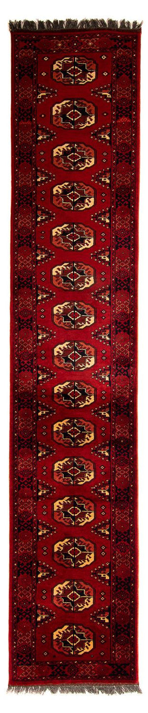 Løber Afghansk tæppe - 356 x 82 cm - mørkerød