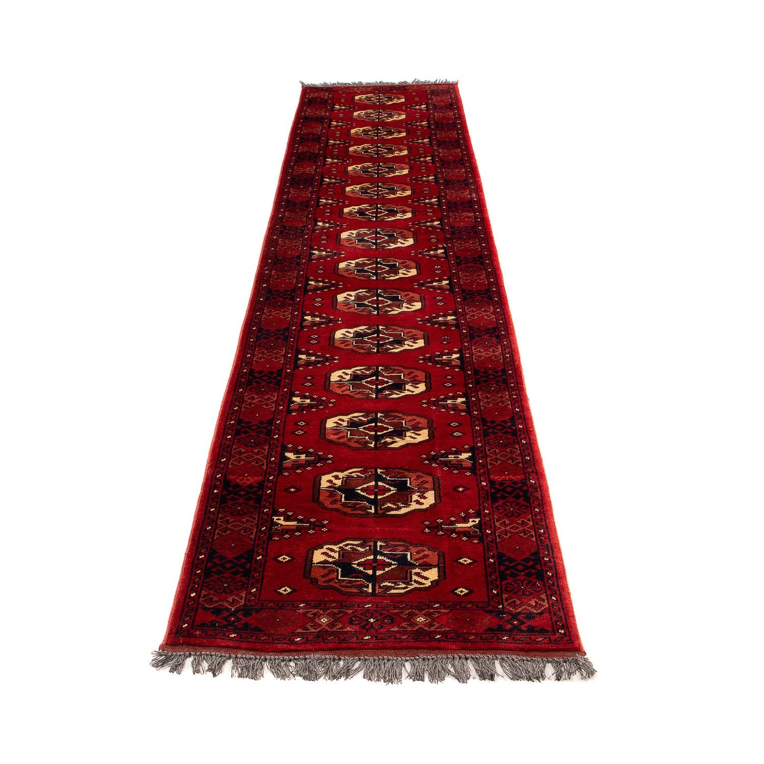 Løber Afghansk tæppe - 356 x 82 cm - mørkerød