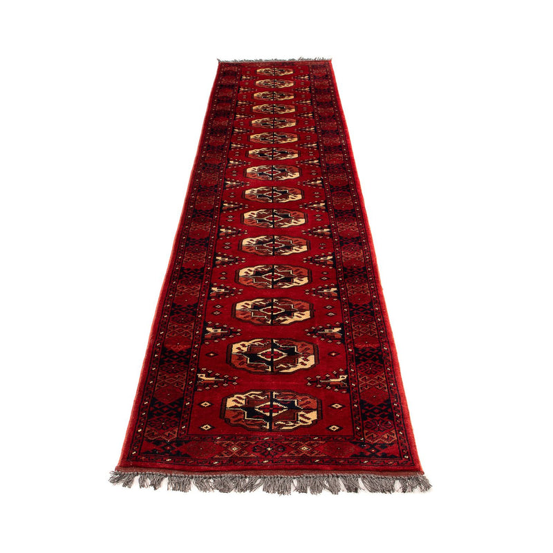 Løber Afghansk tæppe - 356 x 82 cm - mørkerød