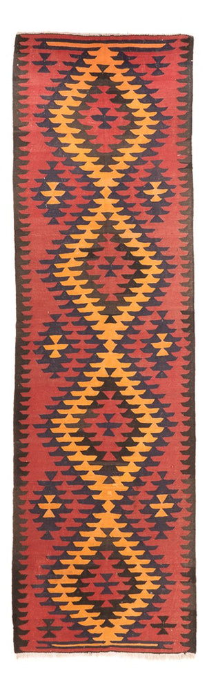 Løber Kelim-tæppe - gammelt - 423 x 140 cm - mørkerød