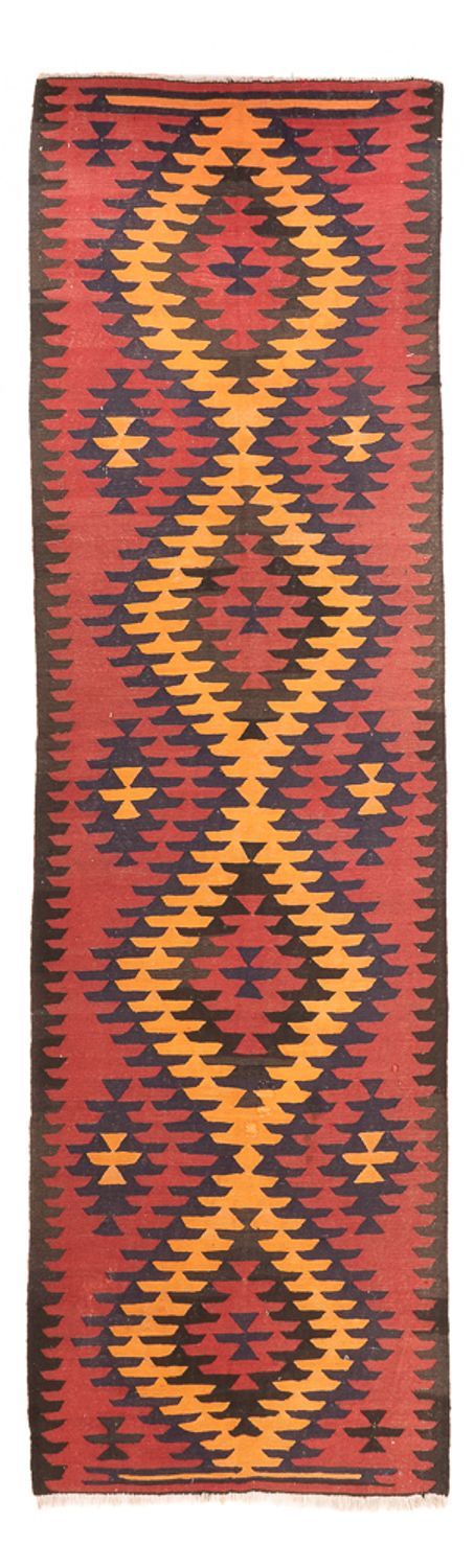 Løber Kelim-tæppe - gammelt - 423 x 140 cm - mørkerød