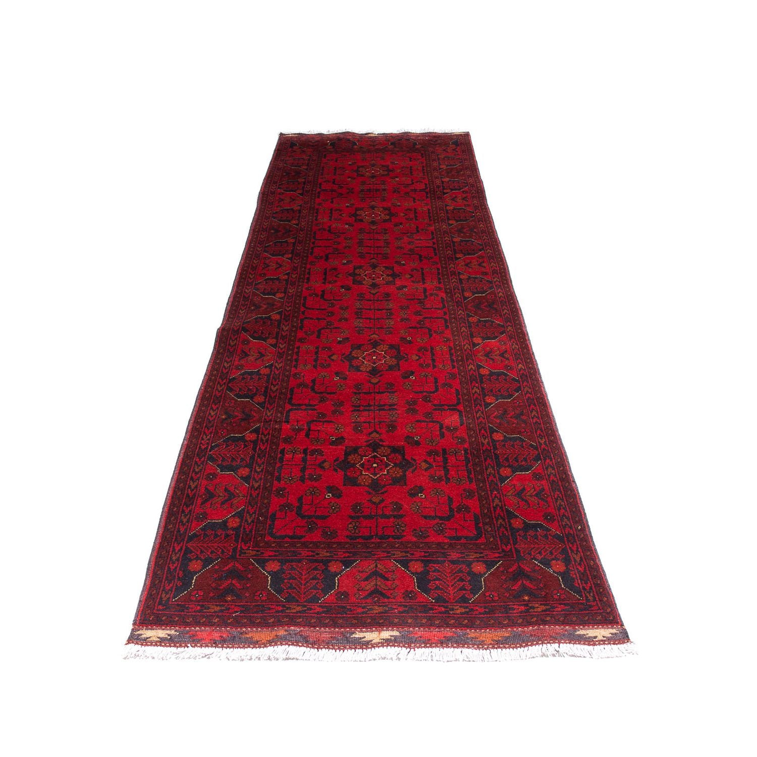Løber Afghansk tæppe - Kunduz - 299 x 82 cm - mørkerød