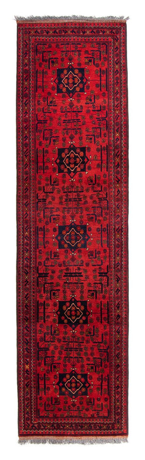 Løber Afghansk tæppe - Kunduz - 298 x 79 cm - mørkerød