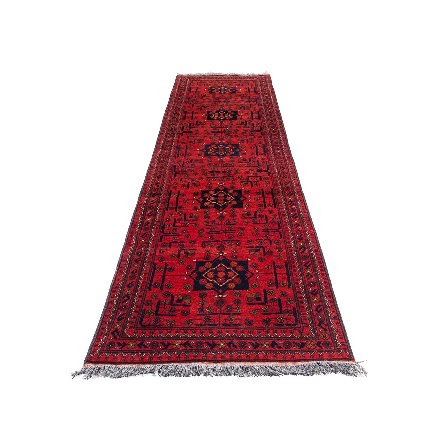 Løber Afghansk tæppe - Kunduz - 298 x 79 cm - mørkerød