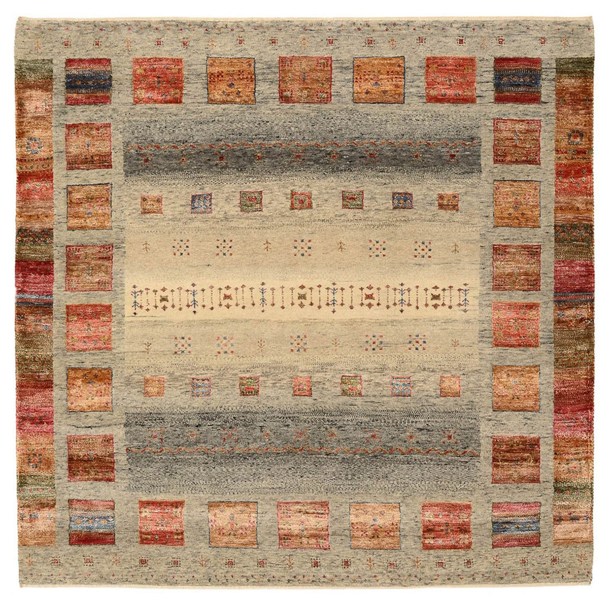 Gabbeh-tæppe - Loribaft Indus firkantet  - 156 x 152 cm - mørk beige