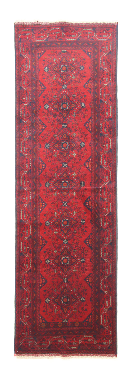 Løber Afghansk tæppe - Kunduz - 299 x 86 cm - mørkerød