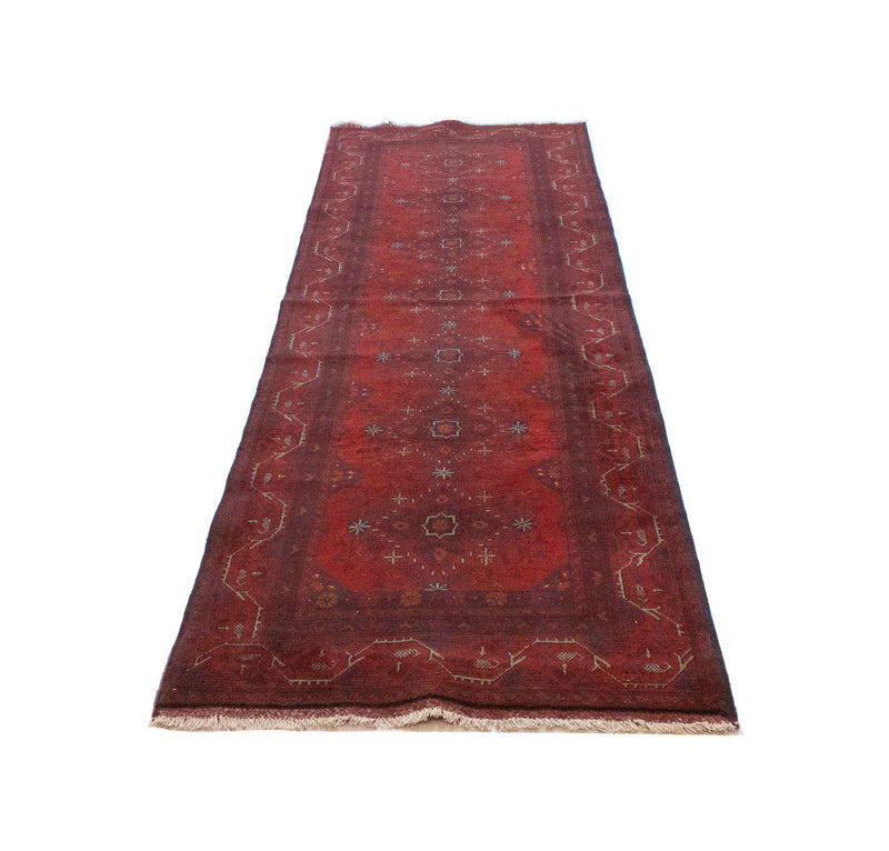 Løber Afghansk tæppe - Kunduz - 299 x 86 cm - mørkerød