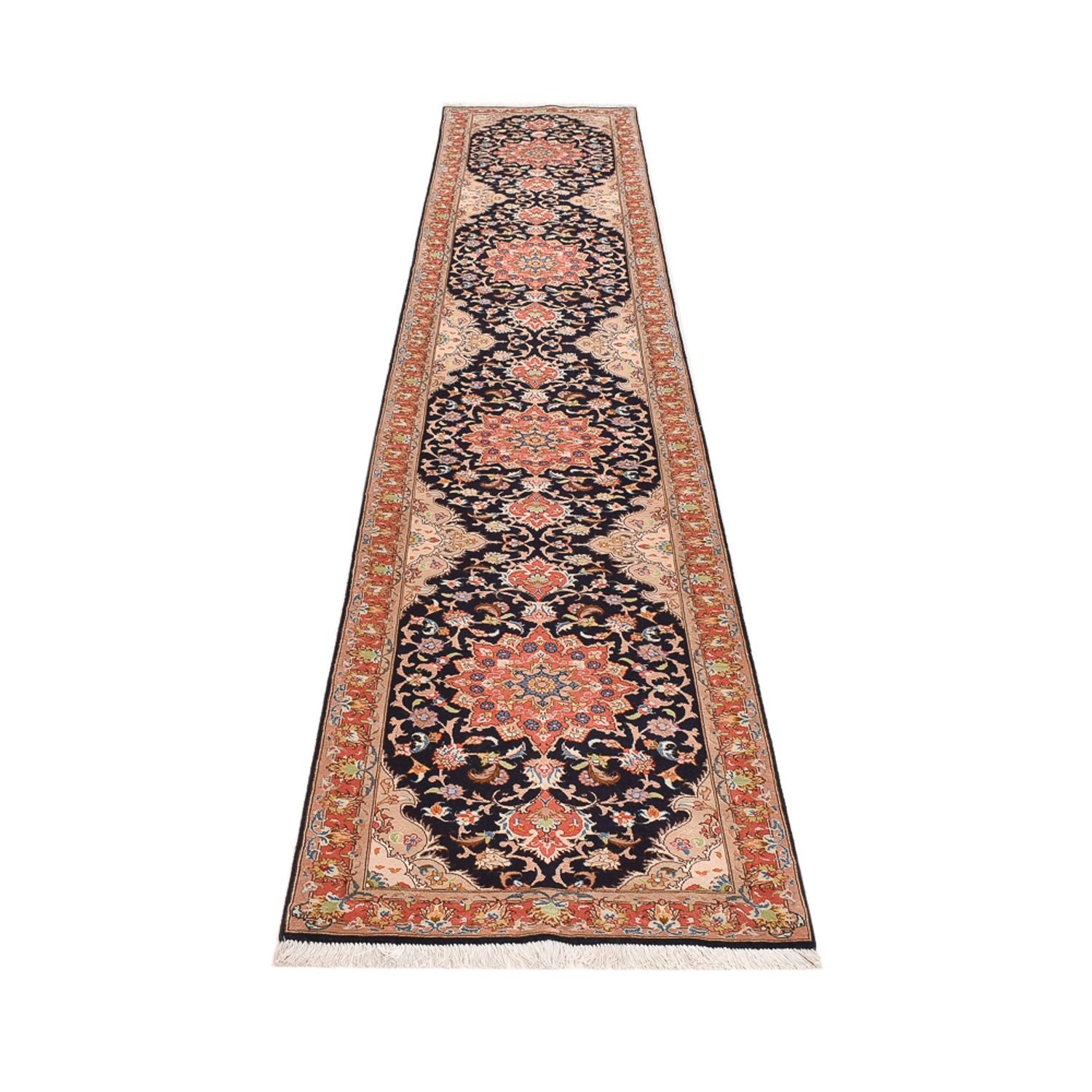 Løber Persisk tæppe - Tabriz - Royal - 380 x 75 cm - mørkeblå