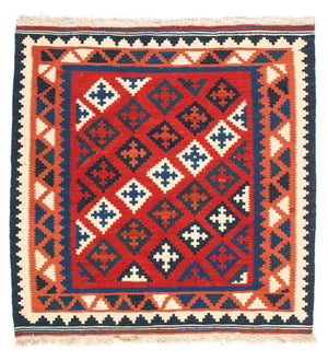 Kelim-tæppe - orientalsk firkantet  - 104 x 102 cm - mørkerød