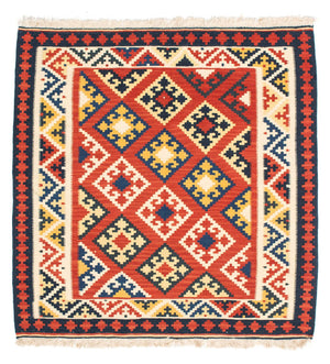 Kelim-tæppe - orientalsk firkantet  - 103 x 102 cm - mørkerød