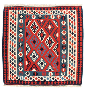 Kelim-tæppe - orientalsk firkantet  - 104 x 103 cm - mørkerød