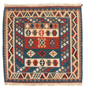 Kelim-tæppe - orientalsk firkantet  - 102 x 100 cm - blå