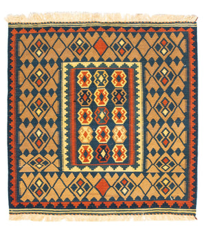 Kelim-tæppe - orientalsk firkantet  - 100 x 98 cm - mørkeblå