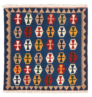 Kelim-tæppe - orientalsk firkantet  - 96 x 96 cm - mørkeblå