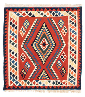Kelim-tæppe - orientalsk firkantet  - 102 x 98 cm - mørkerød