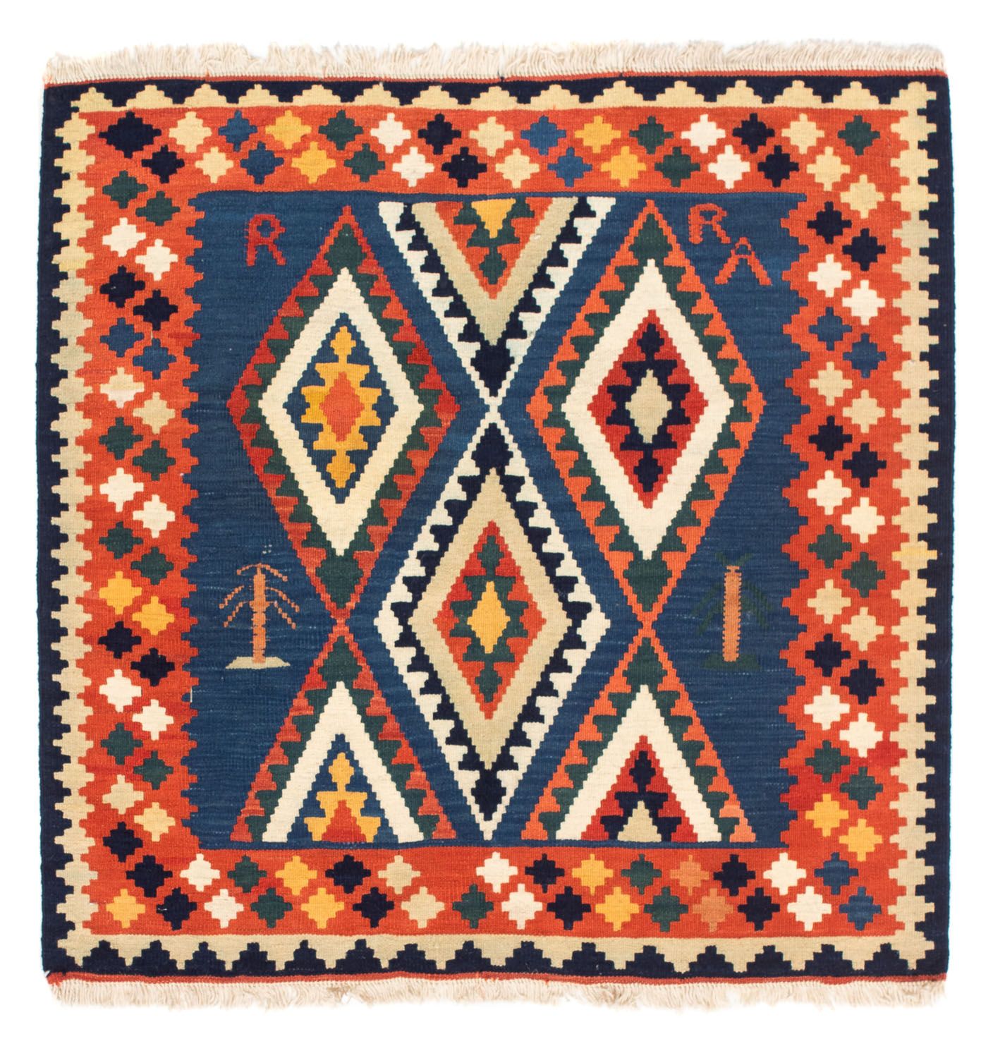 Kelim-tæppe - orientalsk firkantet  - 100 x 98 cm - mørkeblå