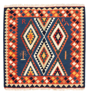 Kelim-tæppe - orientalsk firkantet  - 100 x 98 cm - mørkeblå