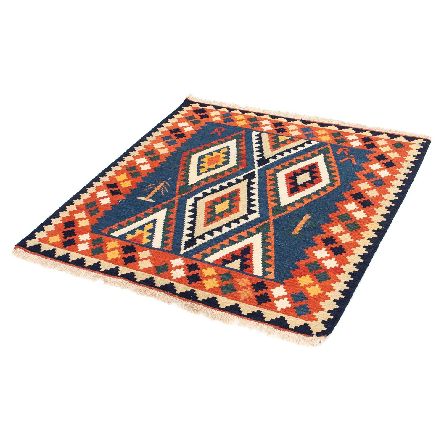 Kelim-tæppe - orientalsk firkantet  - 100 x 98 cm - mørkeblå