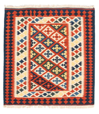 Kelim-tæppe - orientalsk firkantet  - 107 x 100 cm - mørkerød