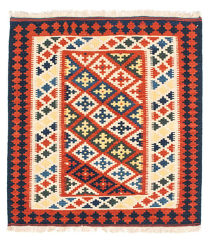 Kelim-tæppe - orientalsk firkantet  - 107 x 100 cm - mørkerød
