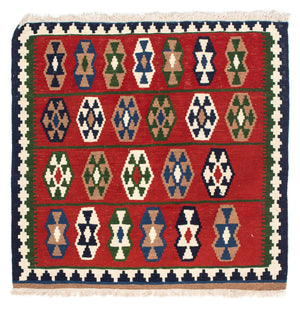 Kelim-tæppe - orientalsk firkantet  - 100 x 98 cm - mørkerød