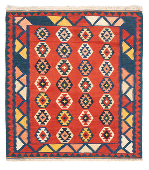 Kelim-tæppe - orientalsk firkantet  - 106 x 99 cm - mørkerød