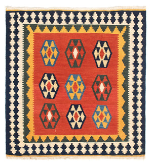 Kelim-tæppe - orientalsk firkantet  - 105 x 100 cm - mørkerød