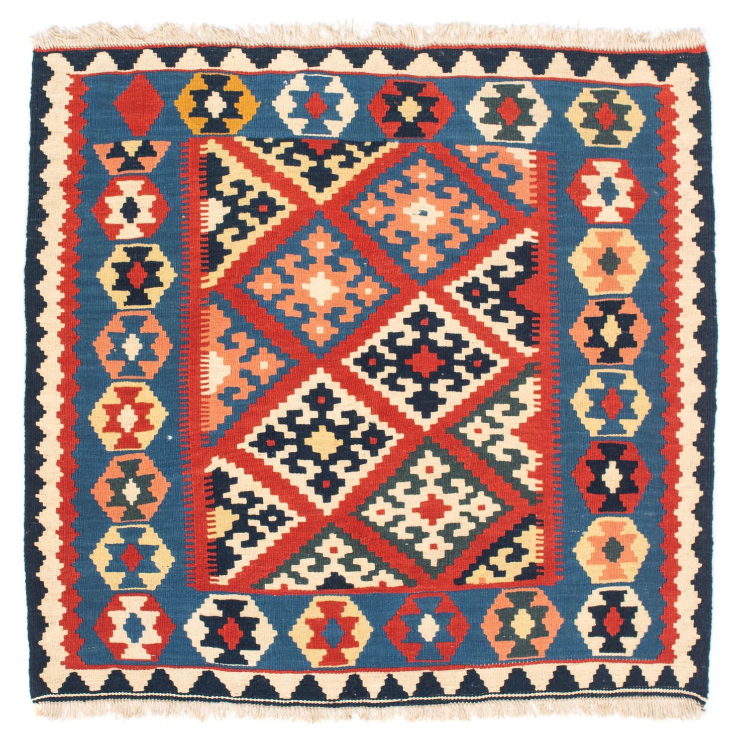 Kelim-tæppe - orientalsk firkantet  - 105 x 101 cm - mørkerød