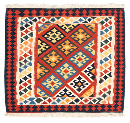 Kelim-tæppe - orientalsk firkantet  - 101 x 93 cm - mørkerød