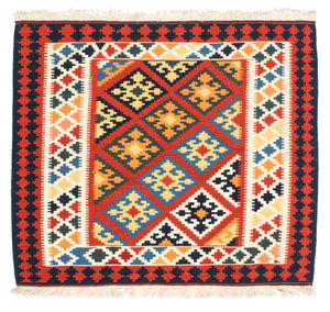 Kelim-tæppe - orientalsk firkantet  - 101 x 93 cm - mørkerød