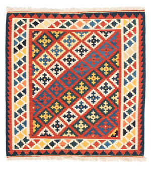 Kelim-tæppe - orientalsk firkantet  - 106 x 102 cm - mørkerød
