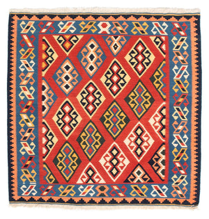 Kelim-tæppe - orientalsk firkantet  - 105 x 104 cm - mørkerød