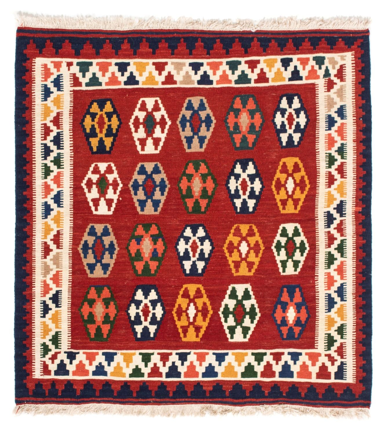 Kelim-tæppe - orientalsk firkantet  - 96 x 95 cm - mørkerød