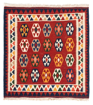 Kelim-tæppe - orientalsk firkantet  - 96 x 95 cm - mørkerød