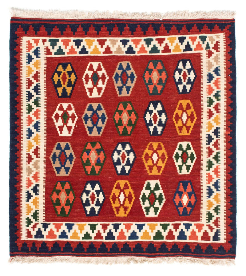 Kelim-tæppe - orientalsk firkantet  - 96 x 95 cm - mørkerød