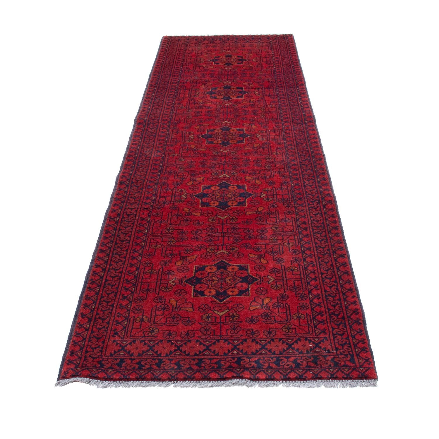 Løber Afghansk tæppe - Kunduz - 288 x 80 cm - mørkerød