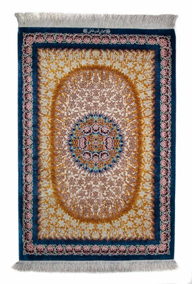 Silketæppe - Ghom Silk - Premium - 93 x 60 cm - mørkeblå