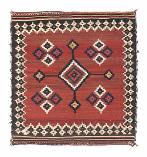 Kelim-tæppe - orientalsk firkantet  - 144 x 132 cm - mørkerød
